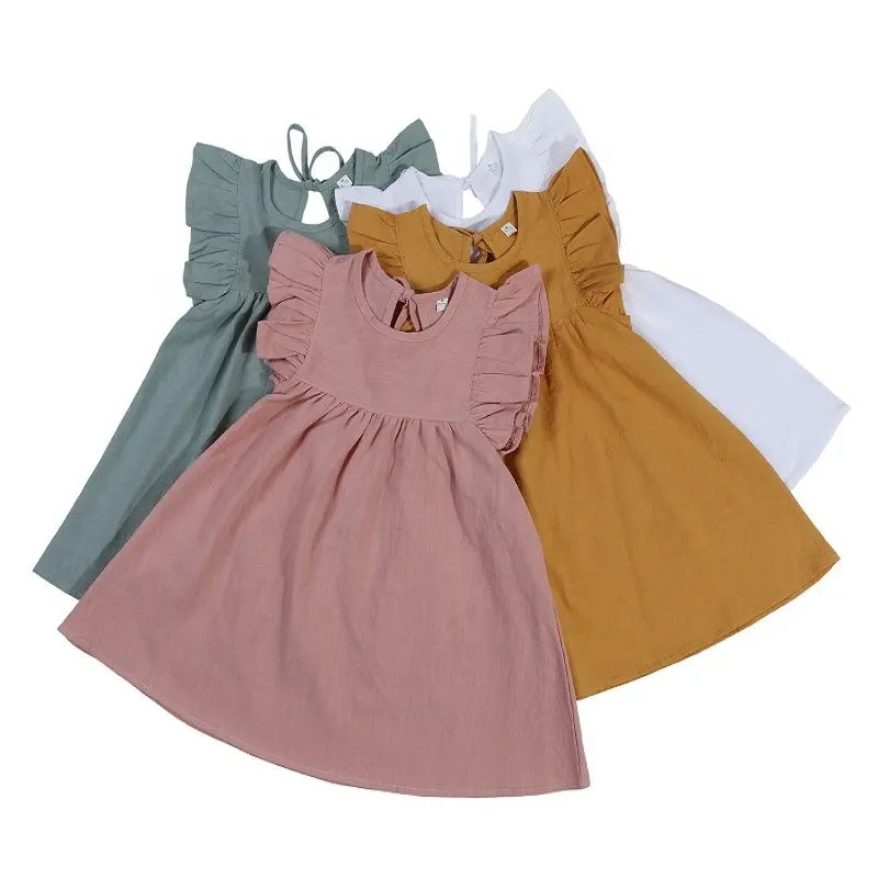 קיץ חדש מוצק צבע רופף רך קפלים לפרוע חצאית ילדים קפלי שמלת כותנה פשתן בנות שמלות