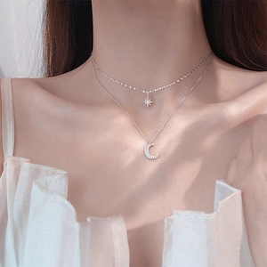QY-06 <span class=keywords><strong>argento</strong></span> S50 doppio <span class=keywords><strong>2</strong></span> strati gioielli collo da donna Multi strati semplice lega metallica collana ciondolo stella luna - Product Image 1