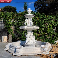 YOUFINE Escultura de Fuente de Tres Niveles de Mármol Beige con Pegaso y Dama Sentada para Jardín Central de Mansión Clásica