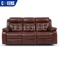 MANWAH CHEERS Juego de Sofás Reclinables de 3 Plazas de Diseño Americano, Sofá Reclinable Manual, Sofá de Cuero Genuino Marrón