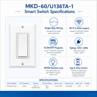 Interrupteur Wi-Fi mural MKD-60/U136TA-1, câblage simple voie