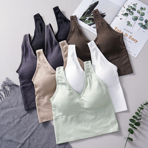 Women's One-Piece Wire-Free Bralette Solid Color Ribbed Tank Top Racerback Breathable Spandex/Nylon Seamless Underwear with Cup - Product Image 1