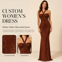 Robe longue de soirée moulante en maille scintillante pour femme, col licou, coupe ajustée, style cœur, OEM ODM, marque privée, vente en gros de vêtements