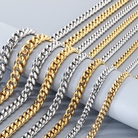 Collier chaîne cubaine à fermoir style hip-hop, perles rondes polies, en acier inoxydable uni, tendance, unisexe, en stock