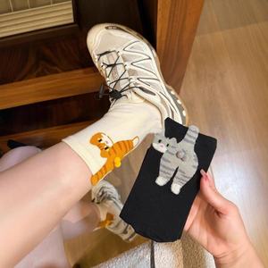 Calcetines Largos de Mujer para Primavera/Verano, Blancos, con Diseño de Gato de Dibujos Animados, Tejidos en Poliéster y Algodón, Absorbentes de Sudor, Lindos y Divertidos - Product Image 3