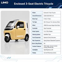 Tricycle Électrique Passager LIMO, Tricycle Électrique à 2 Portes et 3 Sièges avec Cabine Fermée pour Trajets Communautaires, Vente en Gros