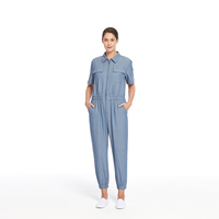 Combinaison en chambray à manches courtes pour femmes |   Combinaison décontractée à taille élastique pour le bureau et le travail au quotidien
