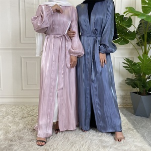 1877# Lightweight Spring Summer <b>Maxi</b> Dress Shiny Silk Puff Sleeve Muslim Women Open Abaya Dubai <b>Kaftan</b> Islamic Clothing 6 Colors - Product Image 2