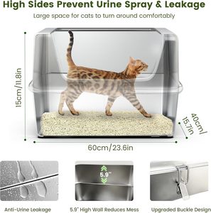 Katzen toilette aus Edelstahl mit hohen Seiten 11,8 "Pedal deckel Antihaft-Leicht reinigungs zubehör für mehrere Katzen und Kätzchen - Product Image 5