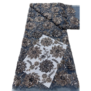 NI.AI Filet de dentelle perlé Tissu en filet avec fleurs et paillettes Tissu de broderie Asoebi Dentelle pour robe de soirée - Product Image 1