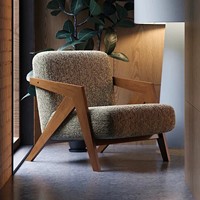 Fauteuil de détente moderne en bois massif de chêne avec revêtement en lin, design ergonomique inclinable pour hôtel, chambre, salon et bureau