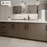 Meubles de cuisine RTA en placage de bois au design minimaliste, configuration îlot, boîtes de rangement en panneaux de particules et tiroirs
