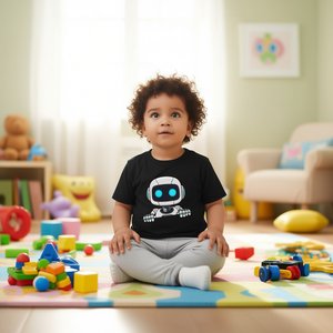 T-shirt à manches courtes noir avec visage de robot mignon pour enfants, design de robot IA - Product Image 3