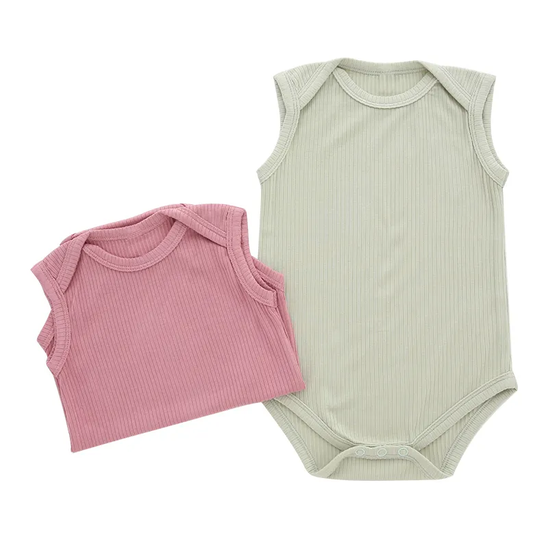 Popular Bamboo Knitted Unisex Baby Rompers Sleeveless Summer Envelope Collar Baby Clothing Opening Button Design Baby Jumpsuit