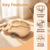 Assiette pour enfants en bambou naturel en forme d'éléphant à 3 compartiments avec base d'aspiration en silicone bleu clair, plateau d'alimentation pour enfants