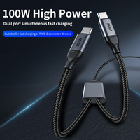 Câble de charge double USB-C 100W 2-en-1, gaine en nylon tressé, charge rapide 5A, transfert de données 480 Mbps pour appareil photo, ordinateur, écouteurs