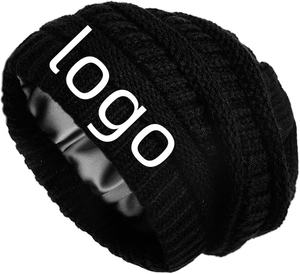 Musim dingin Beanie rajut untuk wanita Satin berjajar kabel tebal Chunky topi pria lembut Slouchy hangat topi promosi lapisan tebal Chunky topi - Product Image 1