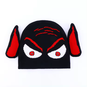 Oem 2024 Custom Nieuwe Monster Design <span class=keywords><strong>Skull</strong></span> Cap Jacquard Cuffleless Beanie Met Oor - Product Image 3
