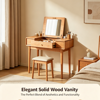 Coiffeuse en bois massif naturel avec miroir escamotable, table de maquillage intelligente entièrement assemblée avec compartiments pour chambre à coucher