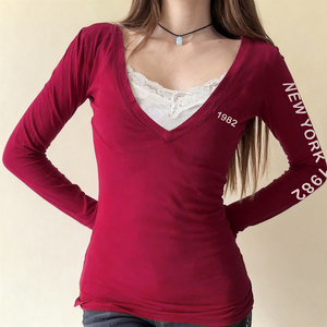 Blusa de punto Y2K para mujer, roja, con cuello en V, estampado de letras digital, anti-bolitas, manga larga, ajustada, sexy, informal, estilo urbano - Product Image 2