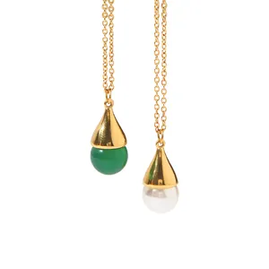 Новое поступление, ожерелье из нержавеющей стали с подвеской в виде капли, Роскошный зеленый агат, белый жемчуг, ожерелье с подвеской
