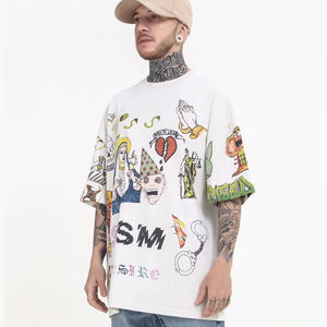 Murah kaus kustom pria kaus Premium kartun katun tebal kaus cetak lebar penuh pria cat percikan grafiti 50 anyaman - Product Image 3