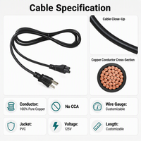 Câble d'alimentation C5 NEMA 5-15P CA 18AWG 10A 125V US pour adaptateur d'ordinateur portable, chargeur d'ordinateur portable, noir moulé