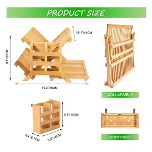 Bamboo Dish <b>Rack</b> Foldable Kitchen Countertop Drainer For <b>Plates</b> Bowls Cups With Utensil Holder L Size - Product Image 2