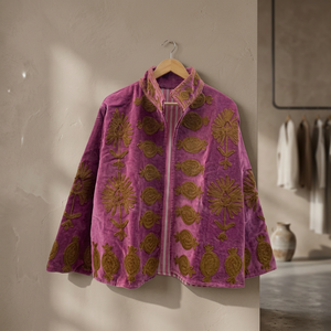 Hand Embroidered Purple <b>Velvet</b> Suzani <b>Jacket</b> <b>Women</b> Gold Floral Pomegranate Chain Stitch Quilted Coat Vintage Ethnic Open Front - Product Image 4