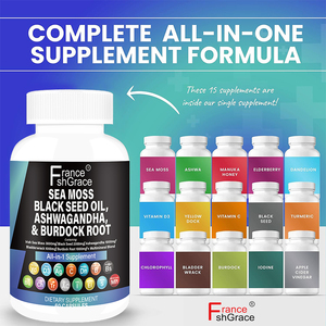 Complément personnalisé de mousse marine, huile de graines noires, ashwagandha et racine de bardane pour améliorer le stress et la santé digestive – Capsules de mousse marine - Product Image 1