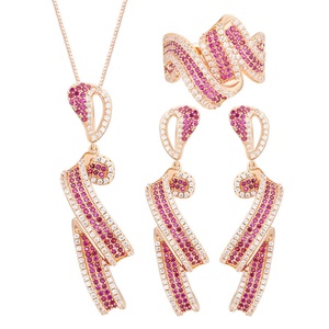 Wholesale Eco-friendly Copper Micro Pave Red Zircon Designer Gold Plated <b>Earrings</b> Necklace Ring Elegantes Ladies Jewellery Set - Product Image 1