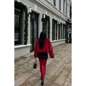 Parka en fourrure de mouton teinte vintage Aria Red Plush Short Wool Fur avec fermeture à bouton unique, méthode de tissage en soie, motif imprimé - Product Image 1