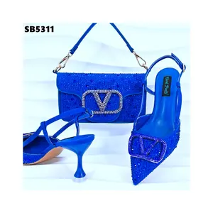 2024 Good quality Fashion African High heel italian shoes and bags to match women purses for Wedding/party green shoes