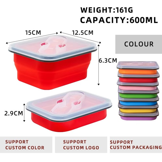 600ML Collapsible Silicone Lunch Box Bowl with Leakproof Seal Bento Style Microwave Safe Reusable Food Storage Container Fork