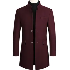 Autumn Winter Men's Woolen Coat Long Trench Plus Polyester Thickened Single-Breasted Slim-Fit Coat