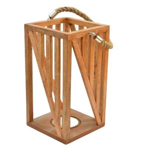 Linterna de vela de mesa de madera hecha a mano con acabado de esmalte marrón Natural forma cuadrada con mango de cuerda para decoración del hogar - Product Image 4