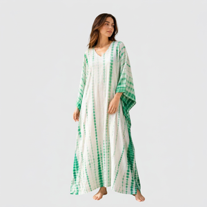 Robe longue maxi vert tie-dye à col en V et manches longues pour femme, coupe ample, tissée, respirante, idéale comme paréo de plage - Product Image 1