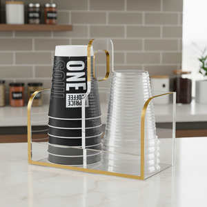 Organizzatore di Lusso in Acrilico per Tazze con Dettagli Dorati, Espositore a 2 Scomparti per Bicchieri Monouso, Stazione Caffè, Piano Cucina - Product Image 3
