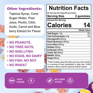 Bán sỉ Hữu Cơ Ashwagandha sư tử bờm Reishi Cordyceps Thổ Nhĩ Kỳ đuôi maitake shitake Chaga nấm Gummies cho người lớn miễn dịch - Product Image 5