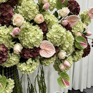 Fresh Green <b>Hydrangea</b> & Pink Anthurium Large <b>Flower</b> Row <b>Artificial</b> Floral Arrangement for Wedding Backdrop & Aisle - Product Image 4