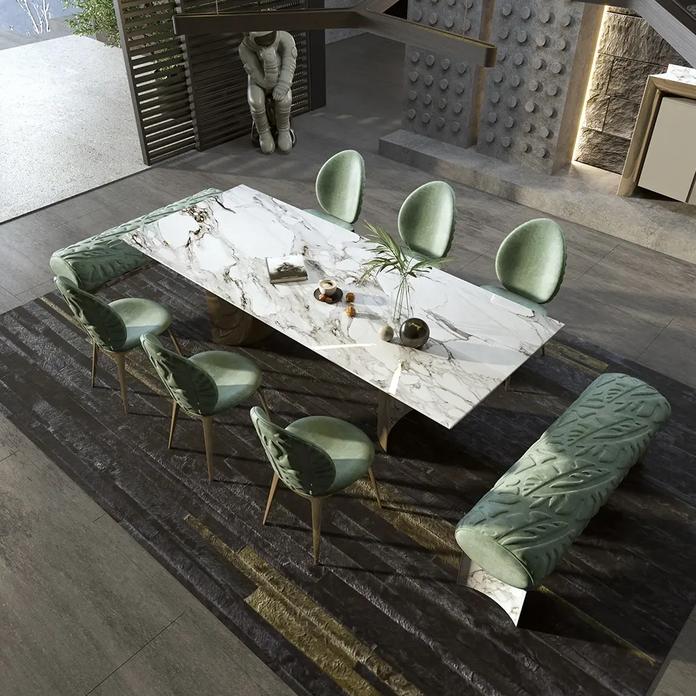 Juego de mesa y sillas de comedor de lujo italiano moderno con tapa de mármol de 6 y 8 plazas