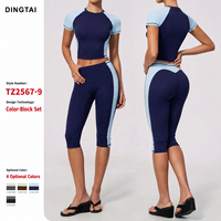 Ensemble de yoga Dingtai pour femmes, 2 pièces, haut court color block, leggings de compression taille haute effet push-up 7/8