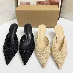 Ladies Handmade Crochet Upper Beaded Embellished <b>Kitten</b> <b>Heel</b> <b>Mules</b> Pointed Toe Backless Pumps Quality Women Sandals - Product Image 1