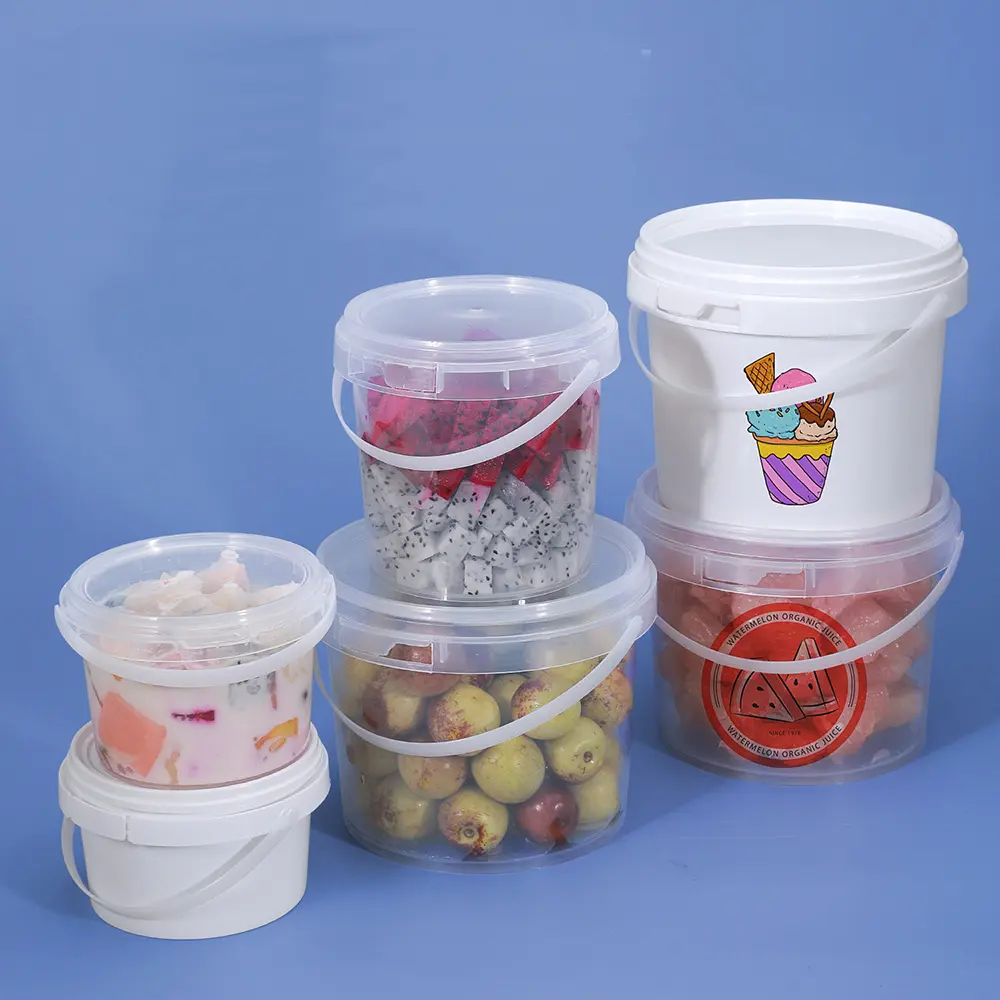 Contenitore per imballaggio in plastica per gelato per biscotti alimentari con manico per coperchio secchio in plastica usa e getta a prova di manomissione da 150-5000ml