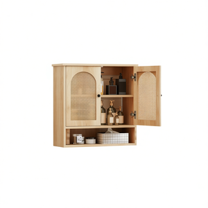 Armoire murale de salle de bain réglable en rotin PE, largeur 24 pouces, design scandinave, étagères de rangement murales - Product Image 1