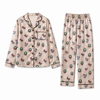 Ensemble de pyjama pour femme en satin de polyester, personnalisé, beige, avec motif de couronne de Noël printanière et canne à sucre, col cranté sur le devant, POD MOQ 1PC