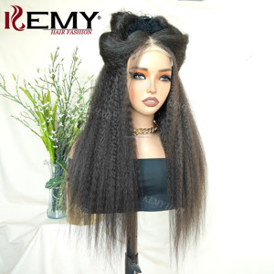 KEMY HAIR Parrucca Kinky Straight Yaki all'ingrosso, senza colla, in capelli umani brasiliani misti con fibra sintetica HD trasparente 4*6 Lace - Product Image 4