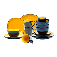 Service de table carré en grès de 16 pièces, intérieur jaune, extérieur noir mat, assiettes, bols et tasses artisanaux, résistant aux rayures
