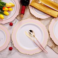 Assiettes jetables en plastique de luxe pour mariage, diamètre 7,5/10,25 pouces, bord rose doré, design moderne minimaliste, réutilisables