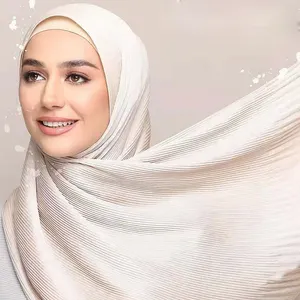 tudung custom Malaysia high quality Satin Pleated Hijab hot selling soft pleated satin for Women Head Wear Scarf